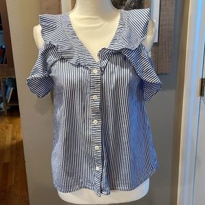 Do+Be Blue and White Striped Cold Shoulder Top